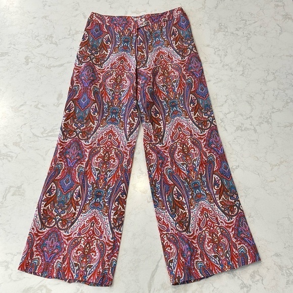 120% Lino Linen Wide Leg Trouser Pants Women’s Paisley Size 42 Pink Purple Red - Picture 1 of 17